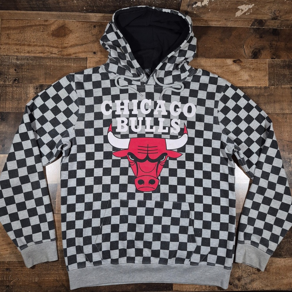 Chicago Bulls Checkered Logo Hoodie Mens Large Gray Sweatshirt